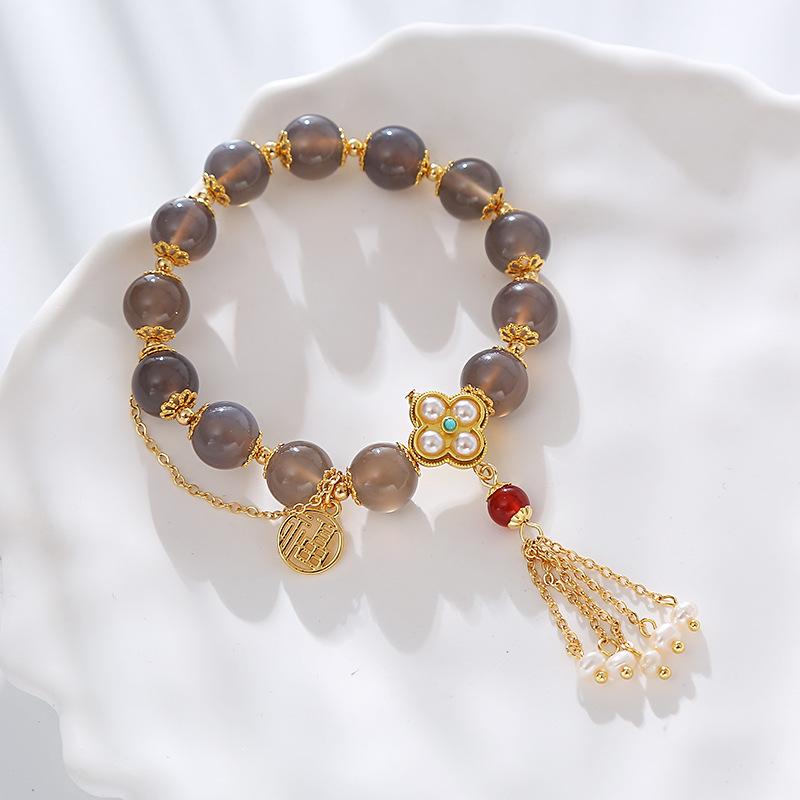 Natural Gray Agate Round Bead Red Agate Pearl Fringed Bracelet Fashion Women Daily Jewelry Lucky Gift