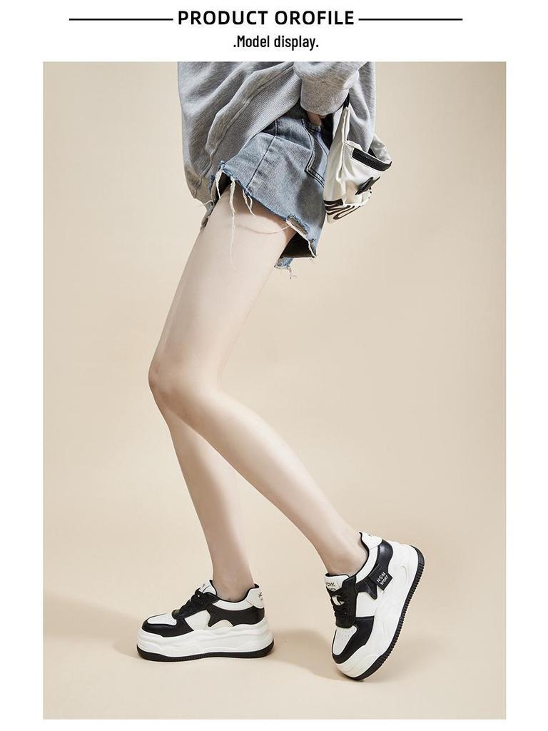 2024 Women's White Genuine Leather Height-Increasing Round Toe Casual Sneakers