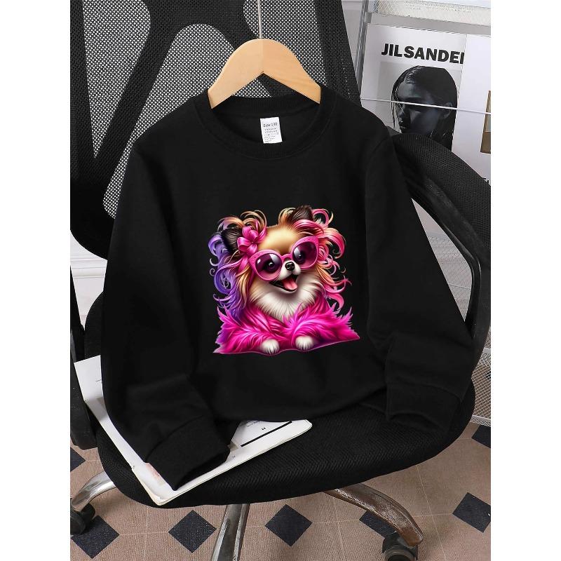 Kids Crewneck Sweatshirt, Cute Dog with Pink Fur Bow & Glasses Graphic Print,Spring Autumn Casual Sport Tops