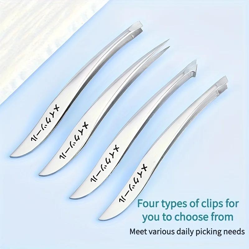 4pcs Precision Stainless Steel Tweezers Set - Eyebrow, Nose & Facial Hair Removal, Fragrance-Free, Glossy Finish
