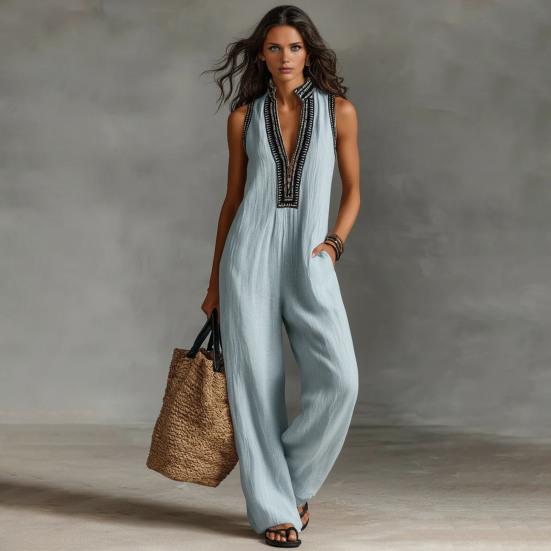 Summer Jumpsuits for Women Stand-collar Sleeveless Loose Overalls with Pockets V-neck Casual Wide Leg Rompers