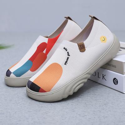 Buty materiałowe Casual Fly Weaving Sportowe Malowane Pojedyncze Buty, Oddychająca Miękka Podeszwa Modne Strzemiona Damskie Buty