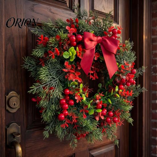 Weatherproof Winter Wreath for Porch Christmas with Red Berries Eucalyptus Pinecones, Artificial Front Door Natural Look Greenery Hanging Garland