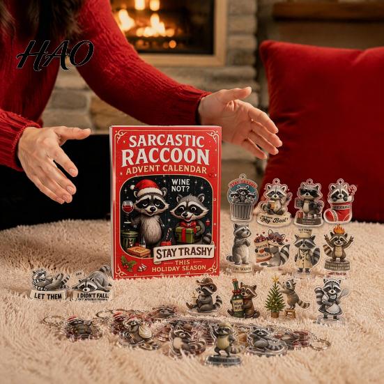 Holiday Countdown Gift Box Raccoon Advent Calendar, 24 Days 2D Acrylic Ornament Decorative Figures Collectible Cute Pendents for Home, Tree,