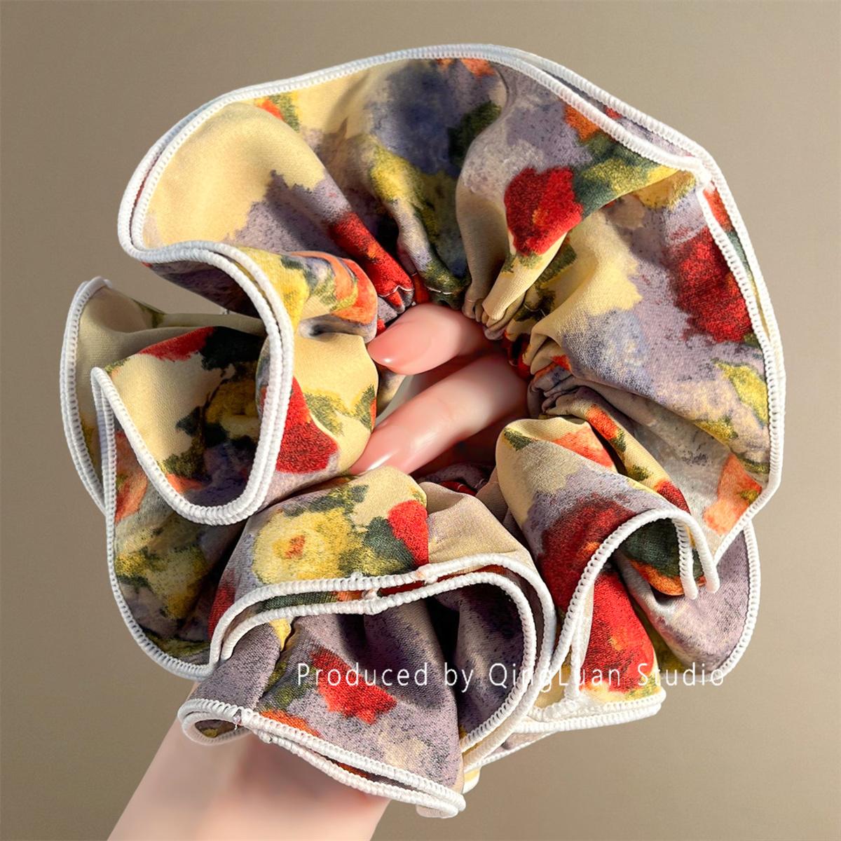 

New oil painting style square scarf scrunchie, women s hair tie, ponytail holder, high-end and effortless style hair tie.