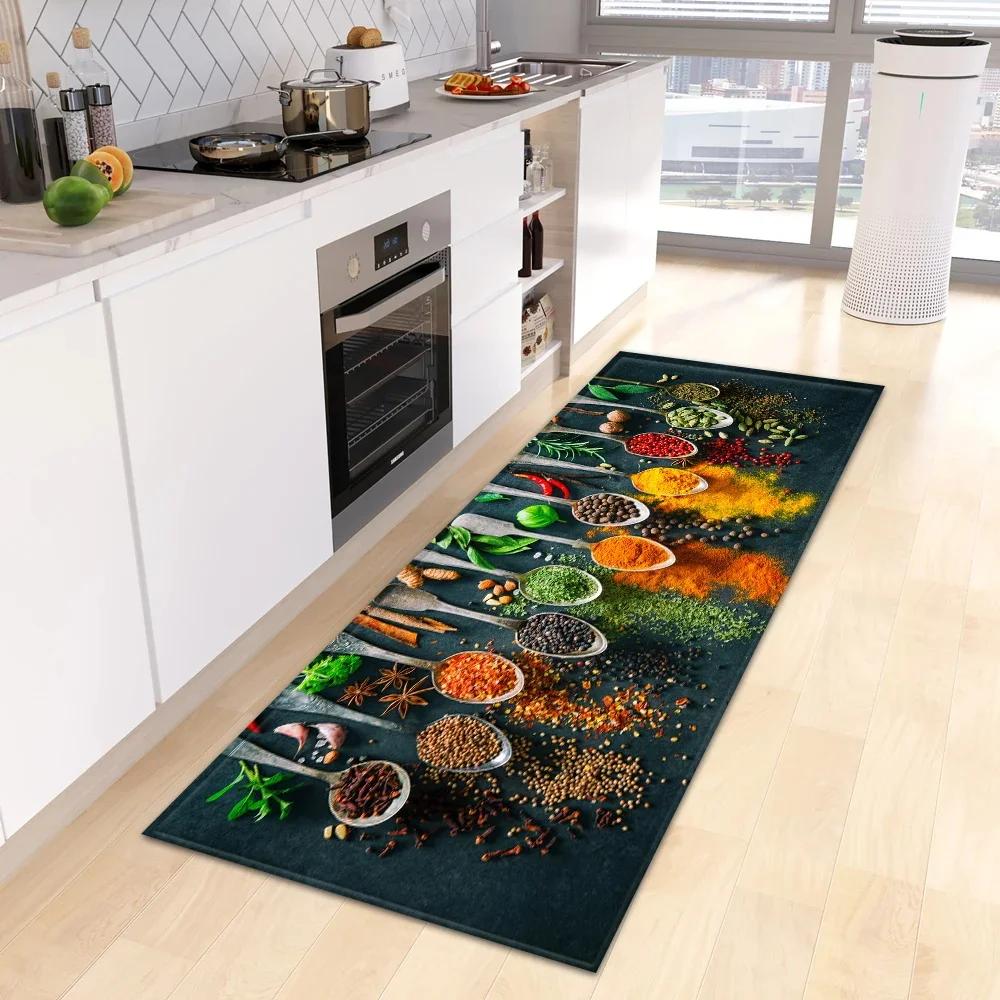 Kitchen Theme Food Pattern Long Runner Mat Anti Slip Oil Proof Waterproof Soft Durable Home Decoration Carpet for Cooking Area