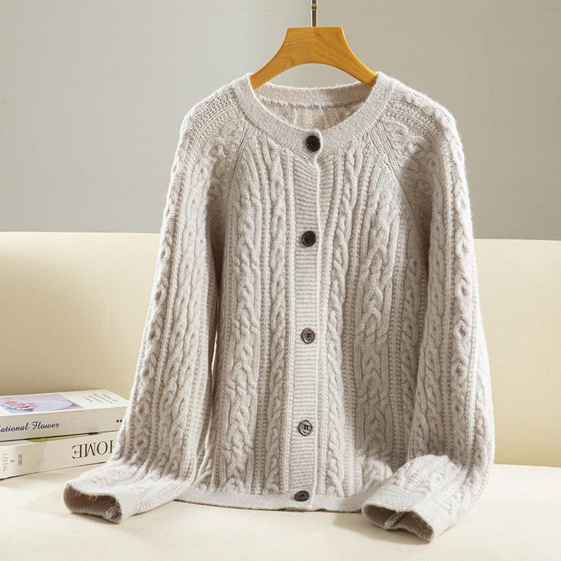 Korean Style Cable Knit Round Neck Cardigan: Single-Breasted, Loose, Warm Winter Sweater Coat