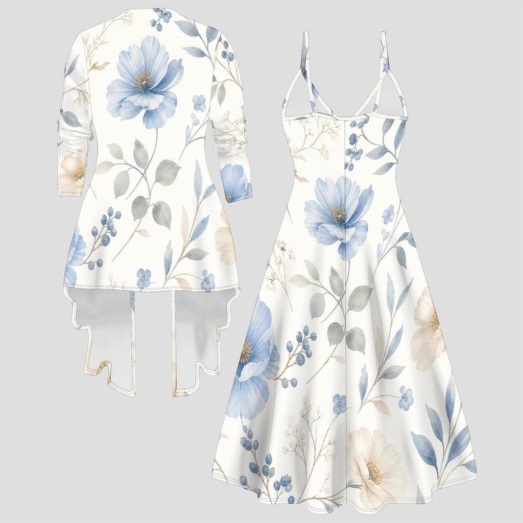Women Plus Size Two Piece Set Long Sleeve Jacket Cami Maxi Dress