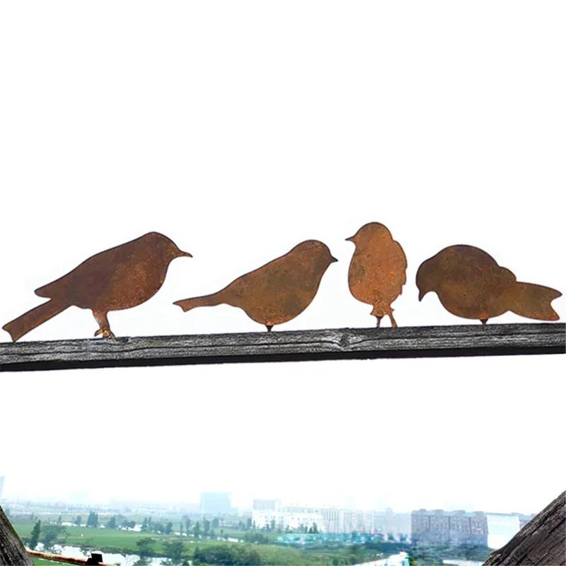 New 4pcs Creative Rusty Metal Bird Ornament Iron Crafts Bird Shaped Art Silhouettes Sculpture Outdoor Garden Fence Decor