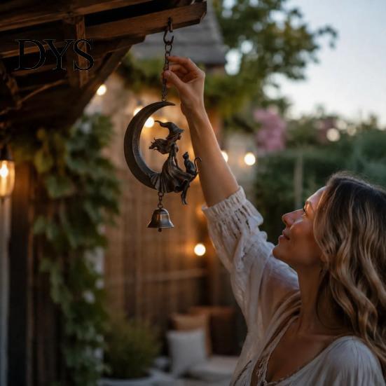 Wiccan Room Accessories Witch Moon Wind Chime, Gothic Crescent with Black Cat Hanging Bell, Garden Ornaments Mystical Decor for Porch Patio