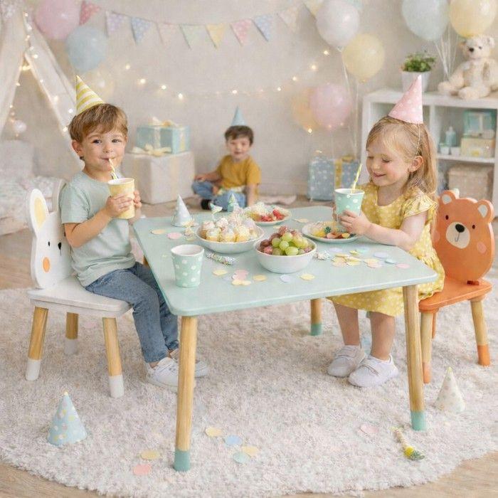 Table Enfant Bois avec 2 Chaises GINGER HOME Motif Ours et Lapin Ensemble Jeu et Apprentissage