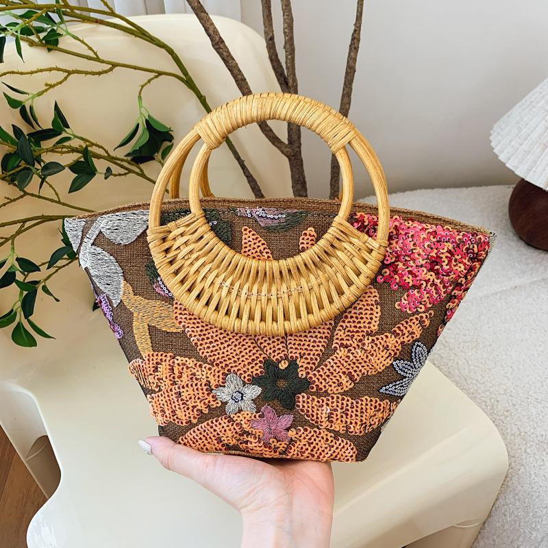 Fashion Flower Sequins Embroidery Large Tote Bag Round Rattan Handle Women Handbag Casual Summer Beach Bags for Vacation&holiday