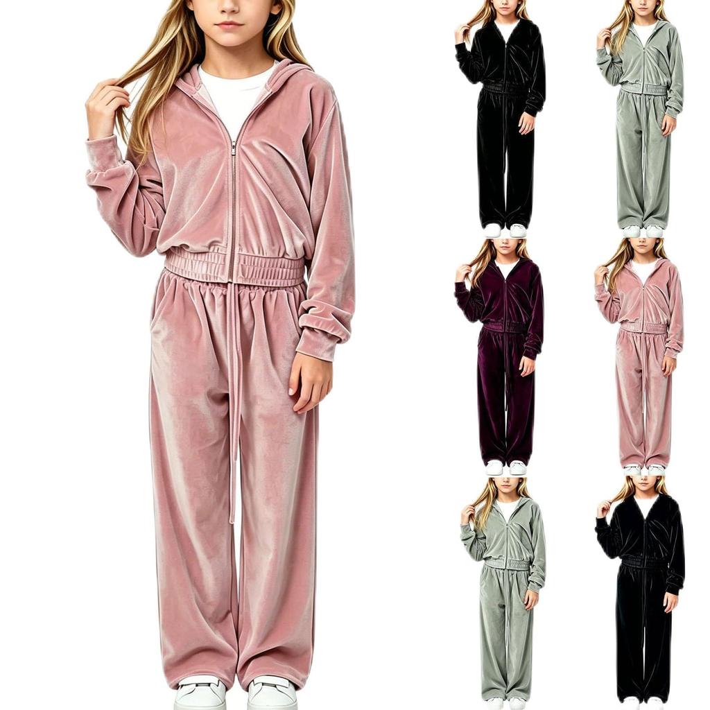 Girls' Velour Tracksuit Set Soft Two-Piece Outfit for Fall and Winter