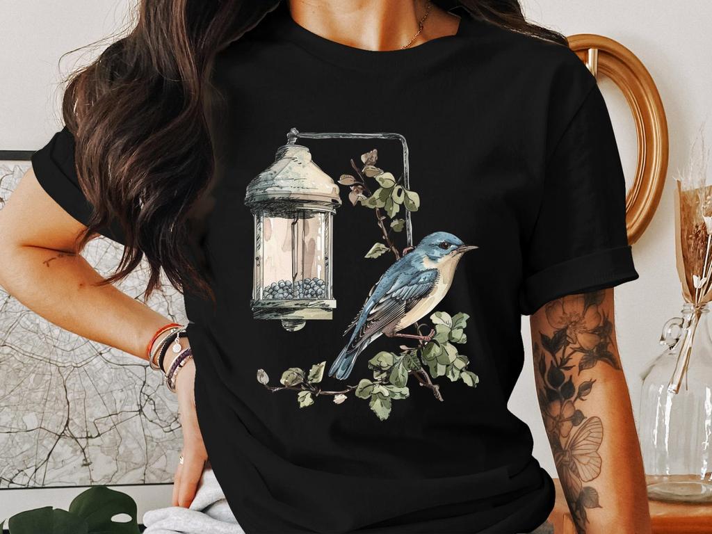 Blue Bird T-Shirts, Watercolor Painting, Bird Feeder, Cottagecore Style, Nature Lover Gifts, Bird Watching Tee, T Shirt Design
