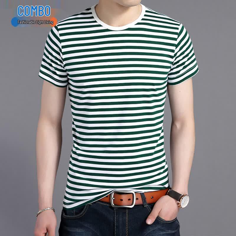 Kangbo Men's Mercerized Cotton Blend Striped Crew Neck T-Shirt