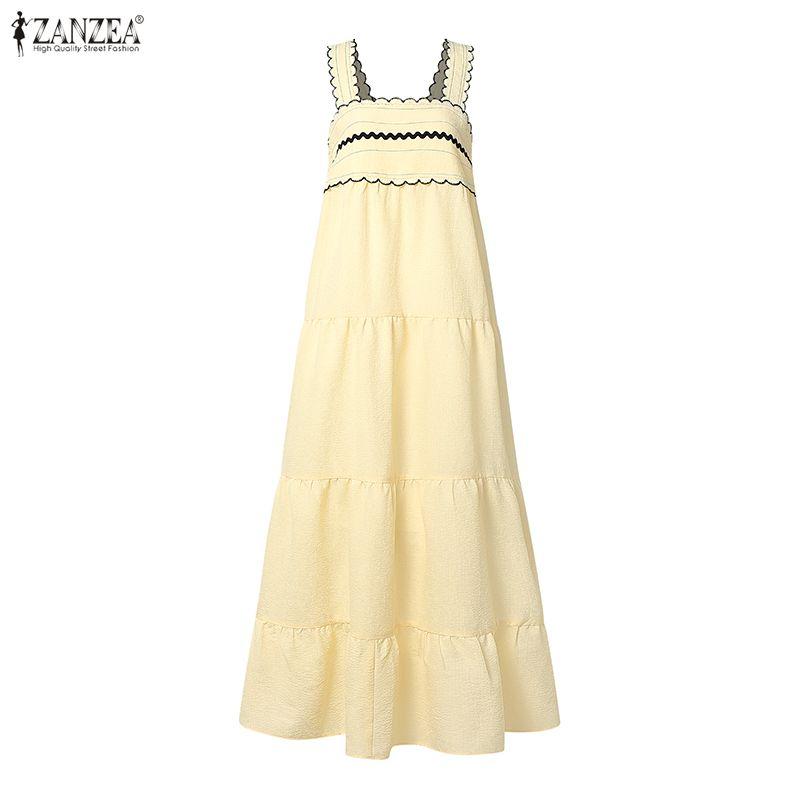 ZANZEA Women Bohemian Casual Square Collar Summer Sleeveless Holiday Long Dress