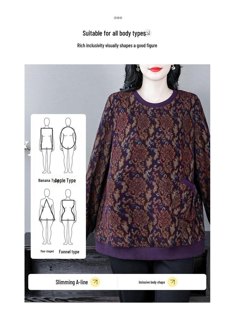 Autumn Winter Classic Jacquard Plus Size Slimming Sweatshirt for Middle-Aged Women