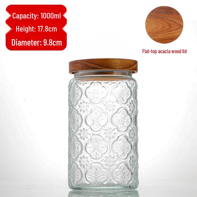 Cylindrical Embossed Glass Storage Jar with Wooden Lid for Dried Fruits and Grains