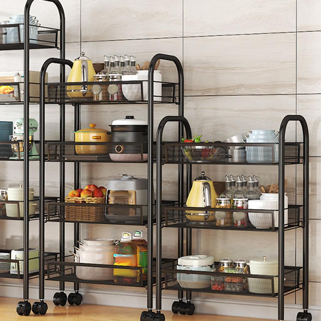 Rolling Storage Cart Layered Storage Shelves Multi Functional Movable Snack Vegetable Baskets Kitchen Shelves Black