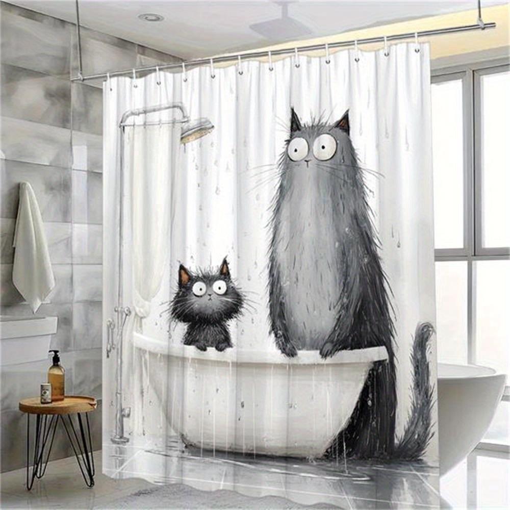 1pc Adorable Cartoon Cat Shower Curtain - Cute Funny Animal Print,   Easy-Care Washable Fabric, Bathroom Shower Curtain