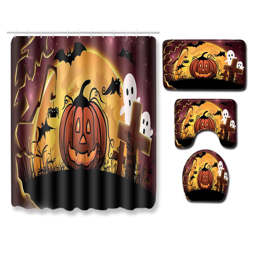 Halloween Shower Curtain Floor Mat Combination Four-Piece Set Bathroom Toilet Carpet Shower Room Foot Mat