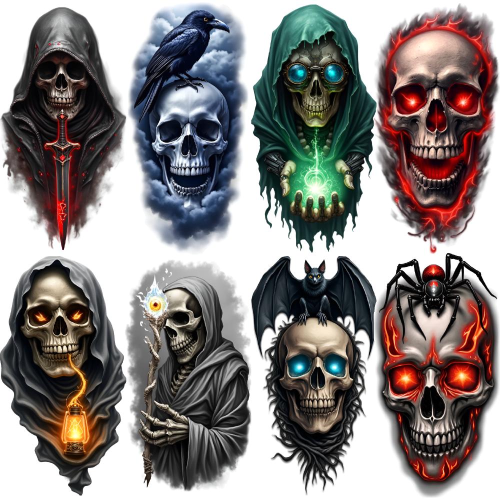 3 sztuki Tymczasowe Tatuaże Wodoodporne Długotrwałe Naklejki na Ciało Pająk Czaszka Czaszka z Kapturem i Mieczem Kruk na Czaszce Dla Dorosłych