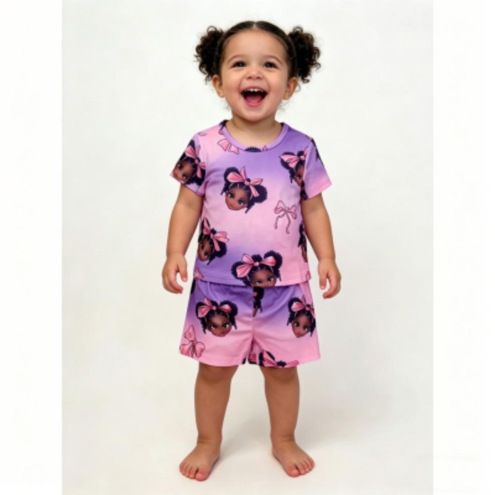 

Europe and America Fun Girl Bow Print Kids Pajamas T-shirt and Shorts 2 Piece Set Summer Casual Outdoor Boy s and Girl s Outfit Set 100