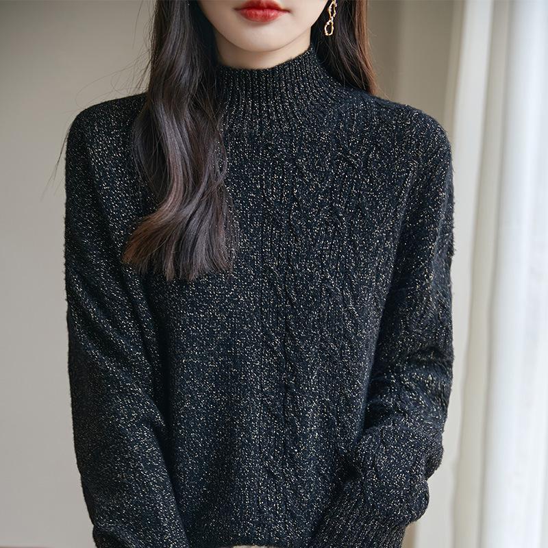 Damen Jacquard Wollpullover mit hohem Kragen, Gold- und Silberfaden - Verdickt, Lockere Passform für Herbst und Winter