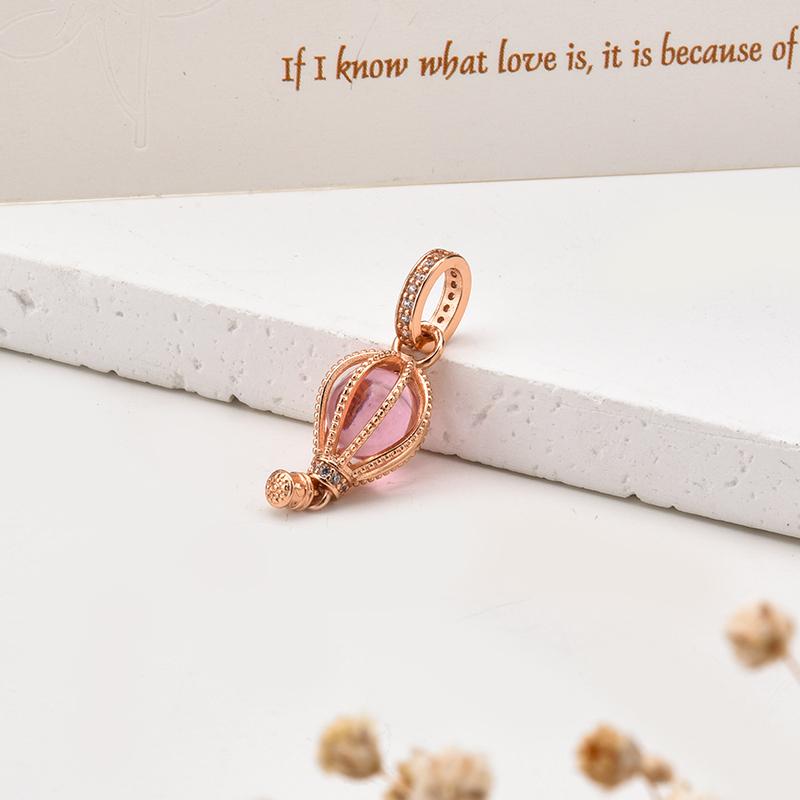 Rose gold plated Exquisite Bead Sparkling Pink Hot Air Balloon Dangle Charm for Women fit European Original Bracelet DIY Jewelry