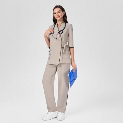 Women's Medical Scrub Set with Diagonal Front Closure and Side Stripe Design