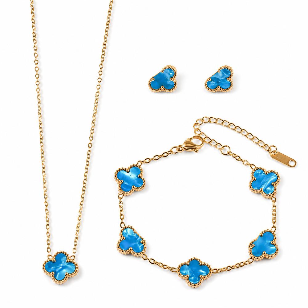 18K Gold-plated 13mm Four Leaf Clover Stainless Steel Jewelry Set Necklace Bracelet Earrings 3-Piece Set for Women Party Trendy