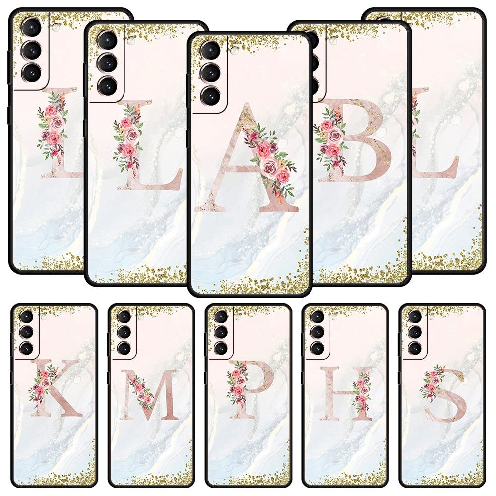 Flowers Letter Phone Case For Samsung Galaxy S26 Ultra S25 Plus S24 FE S23 S22 5G S21 S20 Cover Black Soft