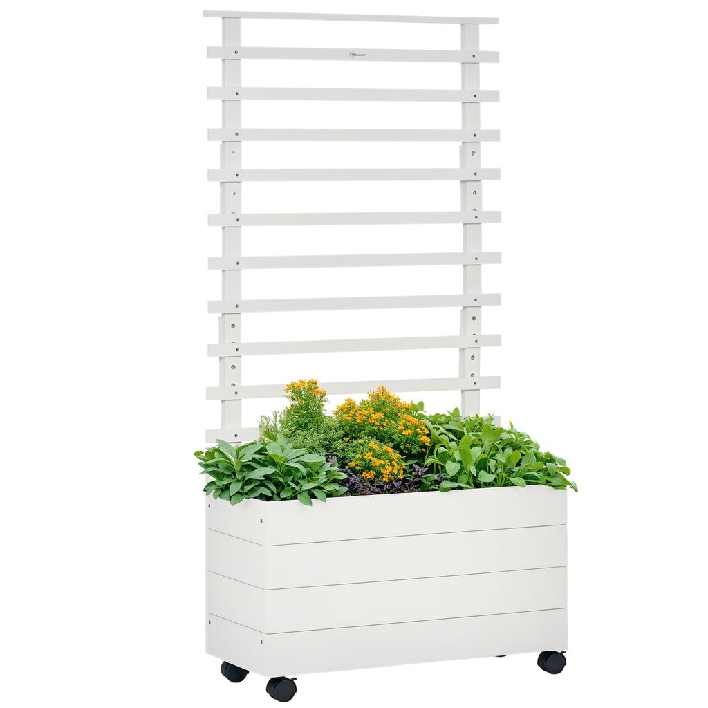 Planter Box with Trellis, 4 Wheels, Natural Wood, Weatherproof Coating, White, 76 X 30 X 155 Cm