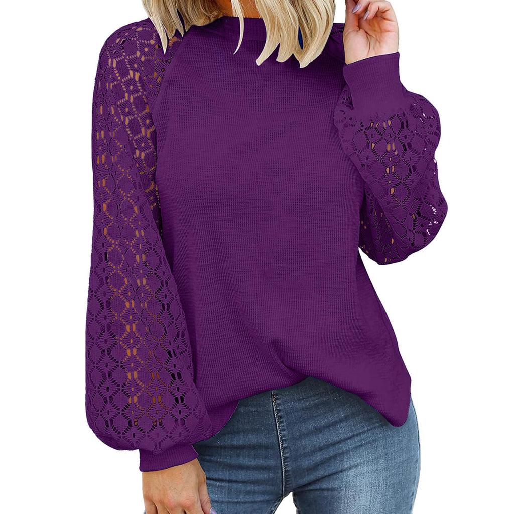 European and American new round neck long-sleeved lace splicing loose top women