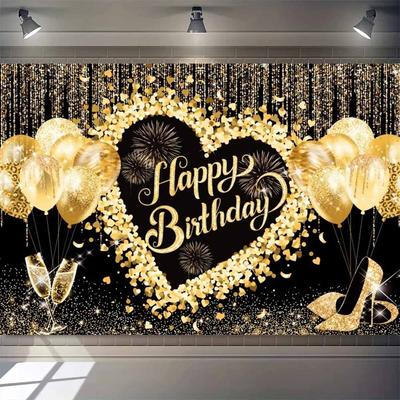 Black Gold Adult Birthday Background, Gold Glitter Balloon, Party, Family Portrait, Photo, Backdrop, Birthday Decoration, Banner