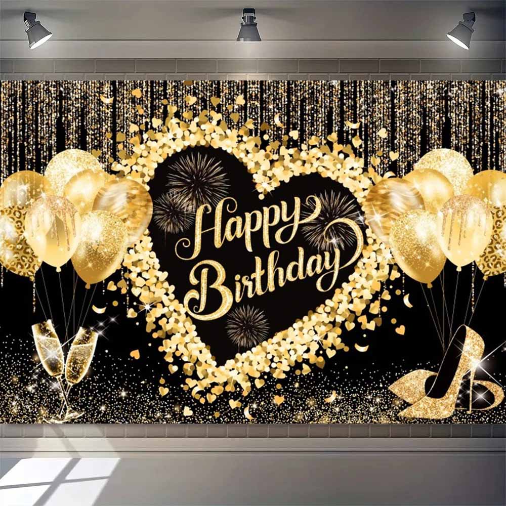 Black gold adult birthday background, gold glitter balloon, party, family portrait, photo, backdrop, birthday decoration, banner Vinyl 75X50cm