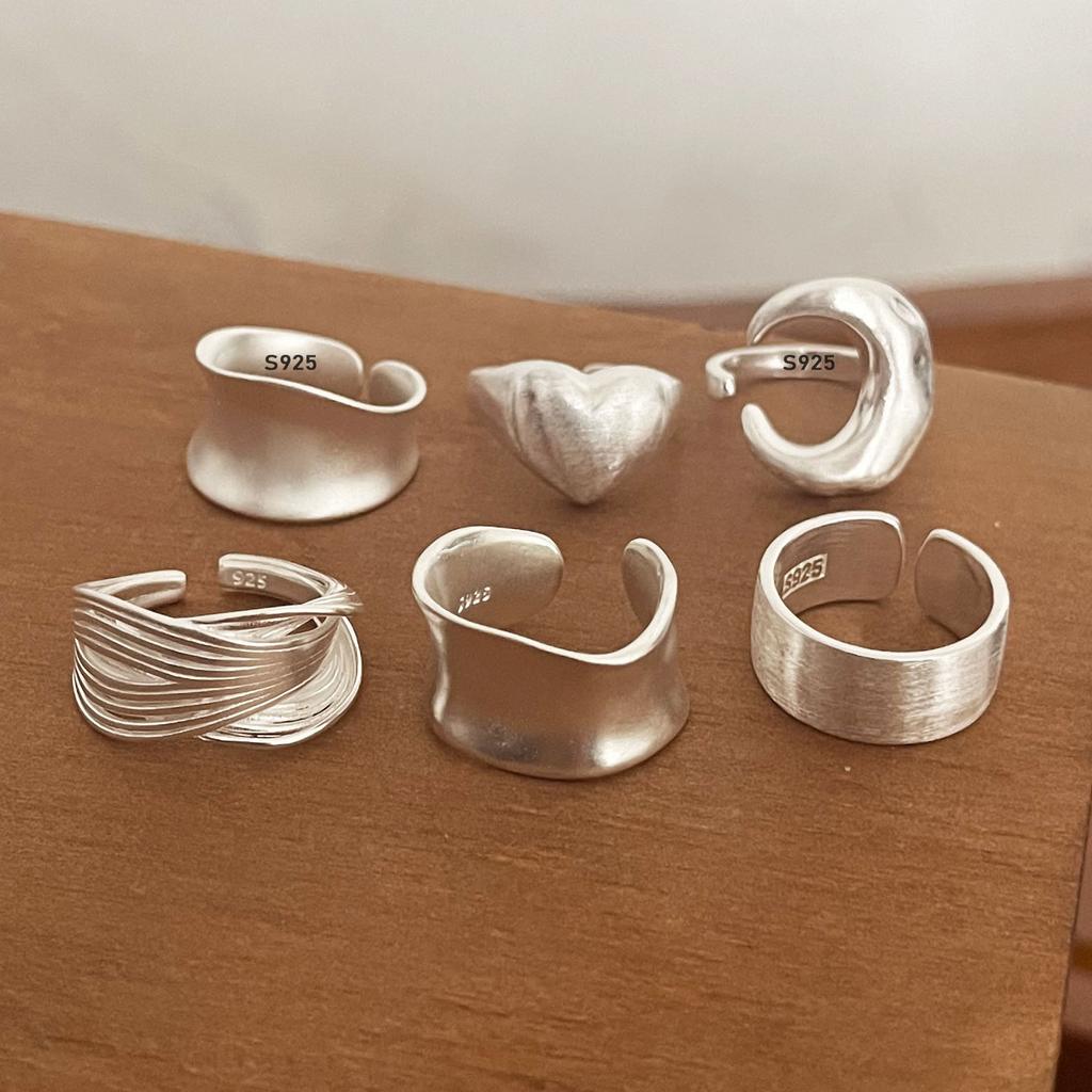 925 Silver Rings for Women Couple Minimalist Handmade Simple Wide Moon Ring Set Party Jewelry Gift Prevent Allergy