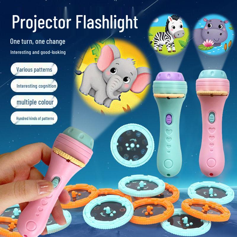Available Children's Cognitive Cartoon Animal Projector Flashlight for Early Education