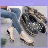 Elegant Women Pearl High-heeled Slippers With Grass Thick-soled Outdoor Sandals