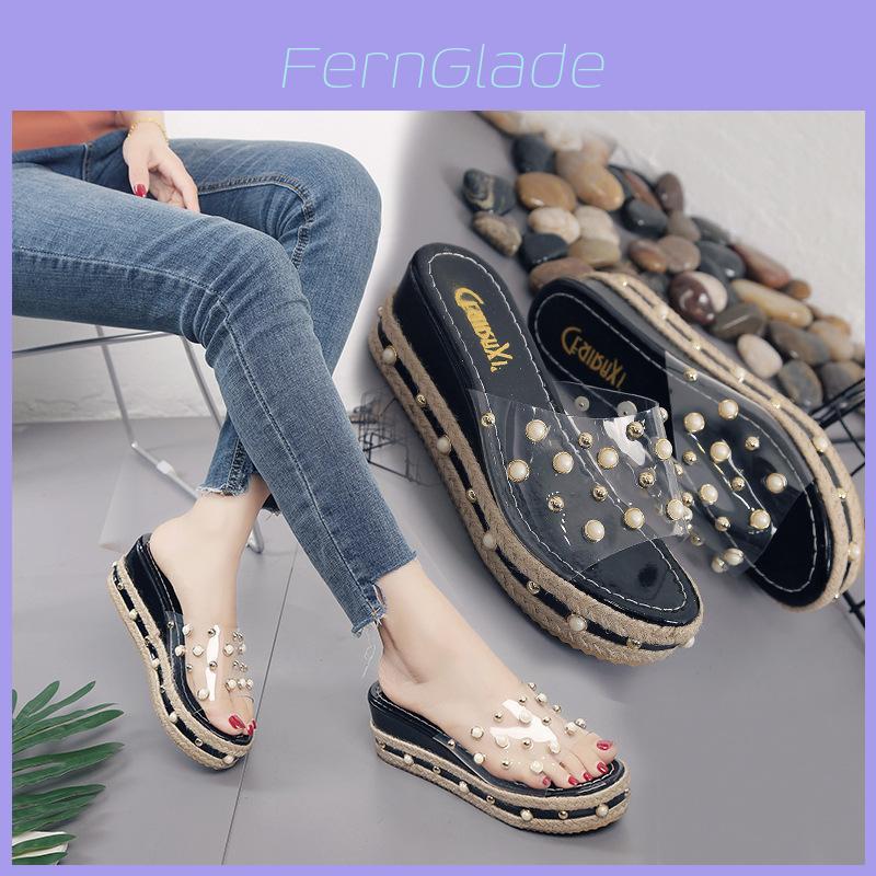 Elegant Women Pearl High-heeled Slippers With Grass Thick-soled Outdoor Sandals