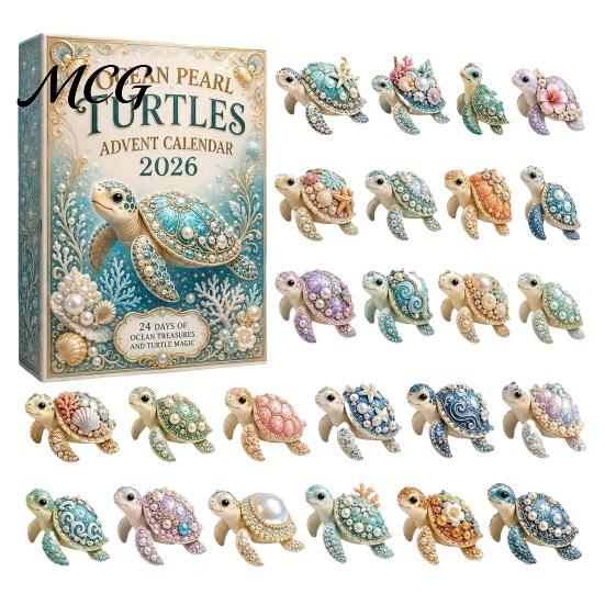 Weihnachtsgeschenk für Freunde 2026 Ozeanperlen-Schildkröte Adventskalender, 24-Tage-Weihnachtskalender Blind-Spielzeugkiste für Kinder, Niedliche Meeresschildkröten-Dekorationen, Zuhause A beige