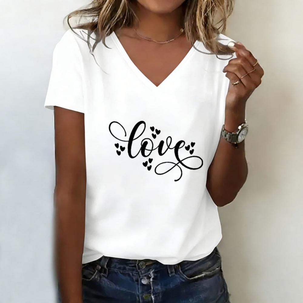 T-shirt V Neck Casual Fashion Y2k Love Heart Printed T Shirts Women Short Sleeve Tee Shirt V-Neck Summer Spring S