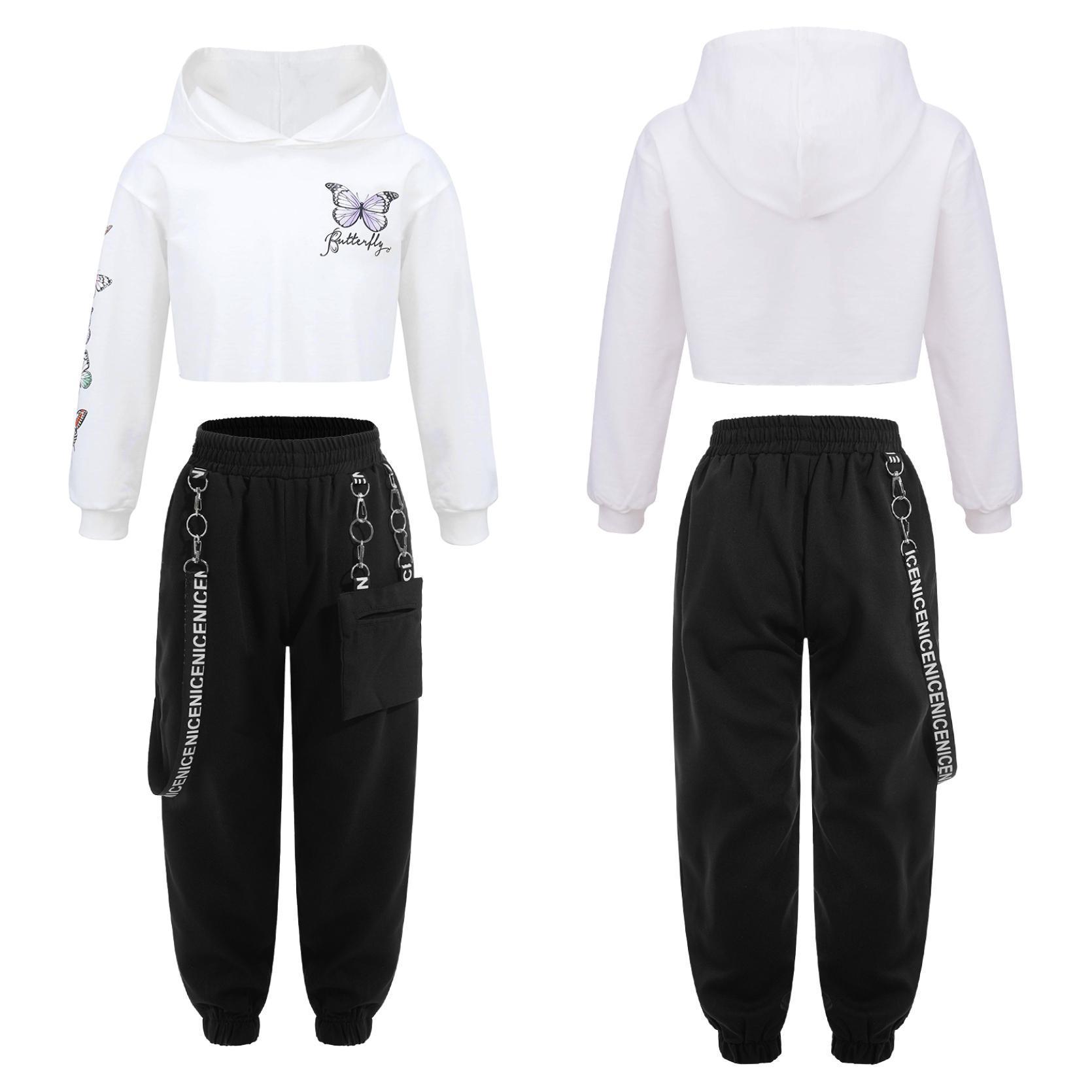

Детский укороченный свитшот с капюшоном и длинными рукавами для девочек с принтом бабочки и штаны, спортивный костюм для танцевального выступления в стиле хип-хоп белый