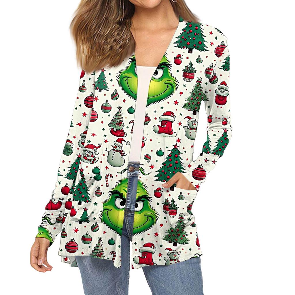 Women's Fashion Christmas Print Long-Sleeved Pocketed Slim-Fit Cardigan Coat