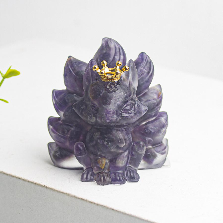 Water Crystal Decorative Figurine With Crown Nine Tails Fox For Modern Desk Display