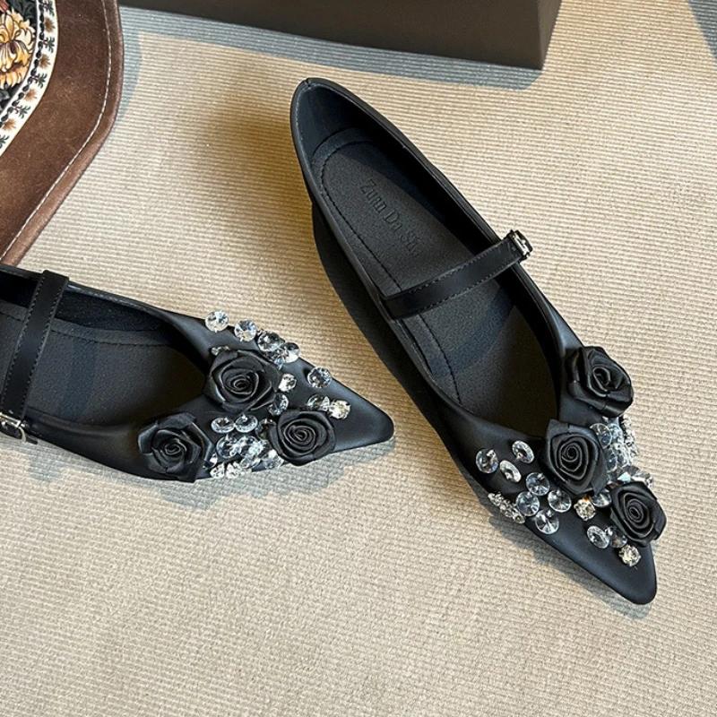 Zapatos Planos de Mujer con Punta Fina y Diseño de Flor de Marca de Moda, Casuales para Boda y Fiesta, Cómodos, Zapatos Mary Jane con Pedrería