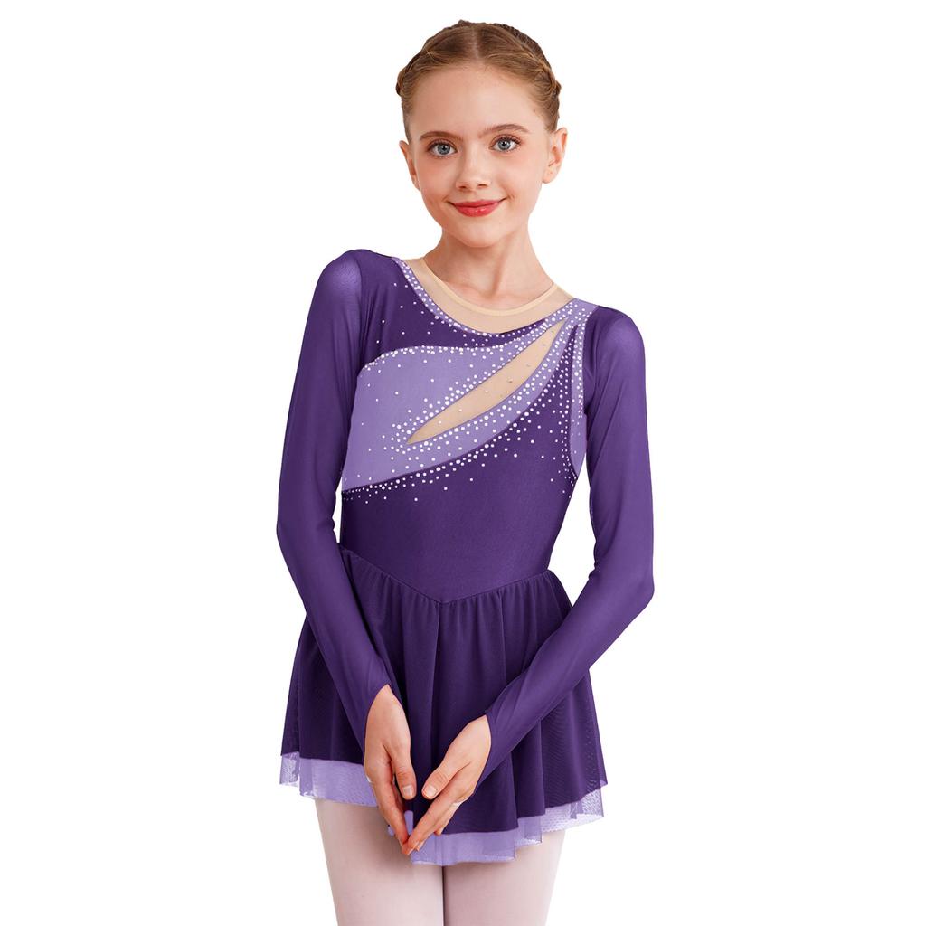 Kids Girls Color Block Dance Dress Glittery Rhinestone Sheer Mesh Long Sleeve Keyhole Back Figure Skating Dresses