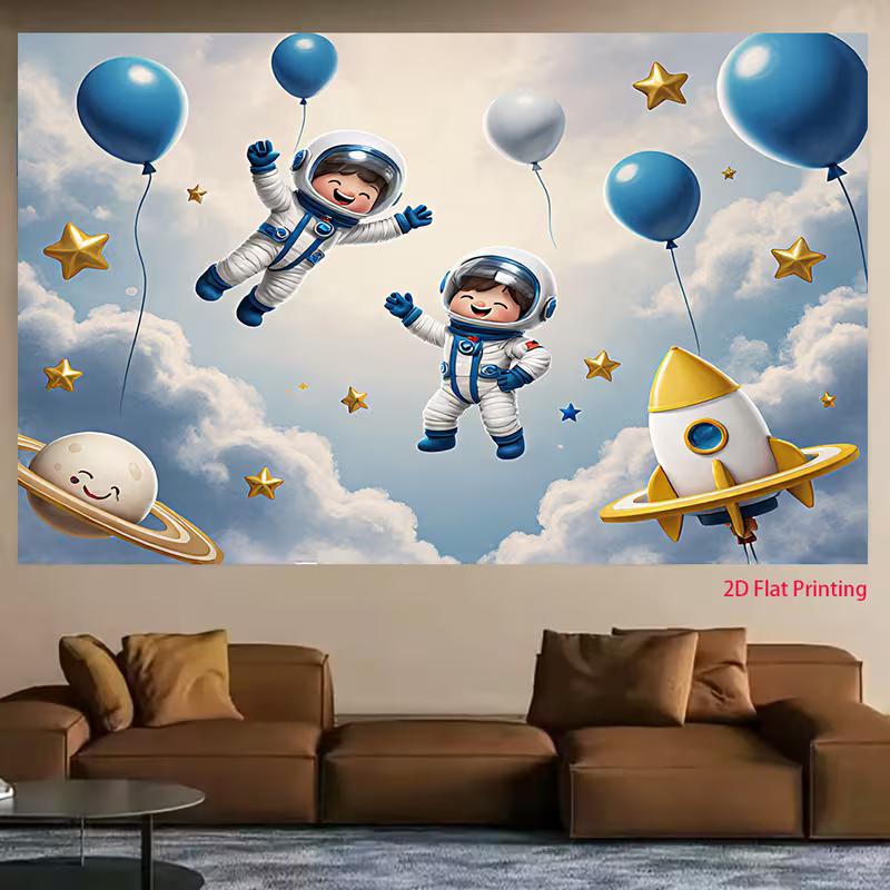 2D Cute Astronaut Boys with Balloons Photo Booth Backdrop Cloth for Birthday