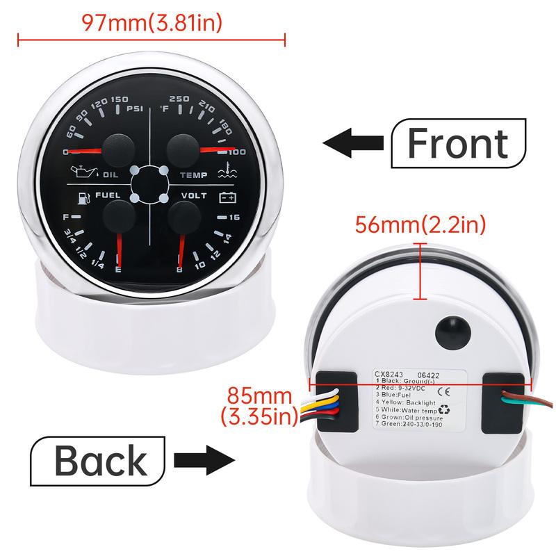 85mm Oil Pressure/water Temperature/fuel/voltmeter 4 In 1 Multifunction Gauge 0-10bar Oil Pressure or Water Temperature Sensor