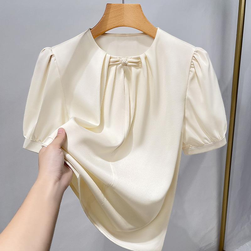 Round Neck Button-up Chinese Style Shirt for Women New Women's High-end Puff Sleeve Chiffon Shirt Pleated Waist Top